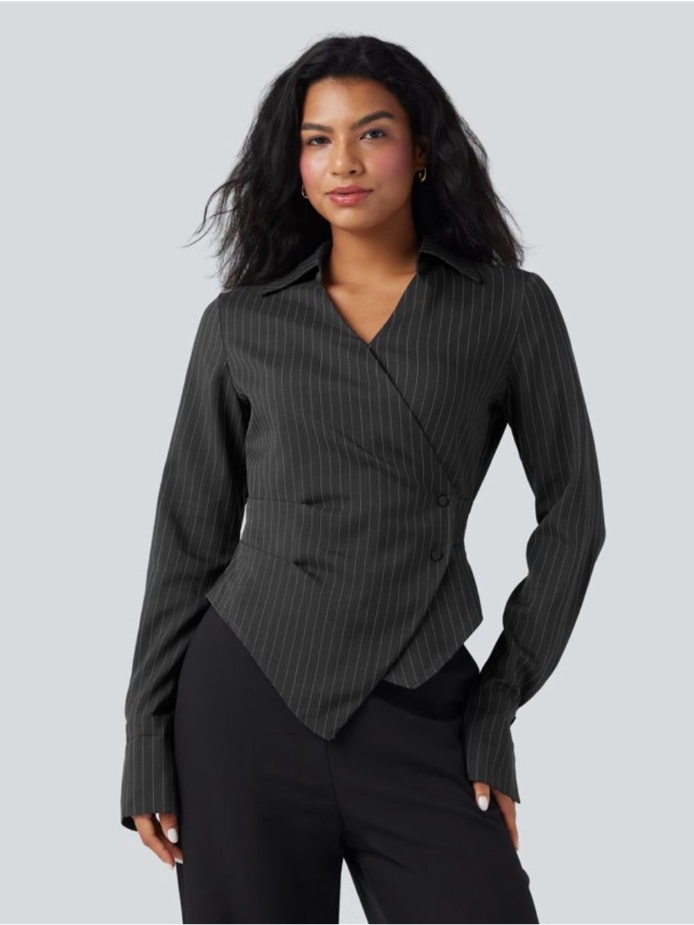 Pinstripe Long sleeve Wrapped lace up stripe work Shirt